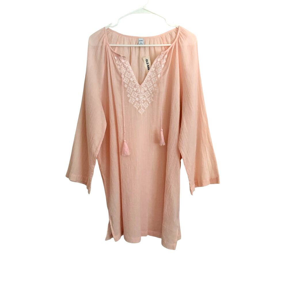 NWT Old Navy Pink Gauze Embroidered Tunic Dress Tassel Long Sleeve XL Boho Chic